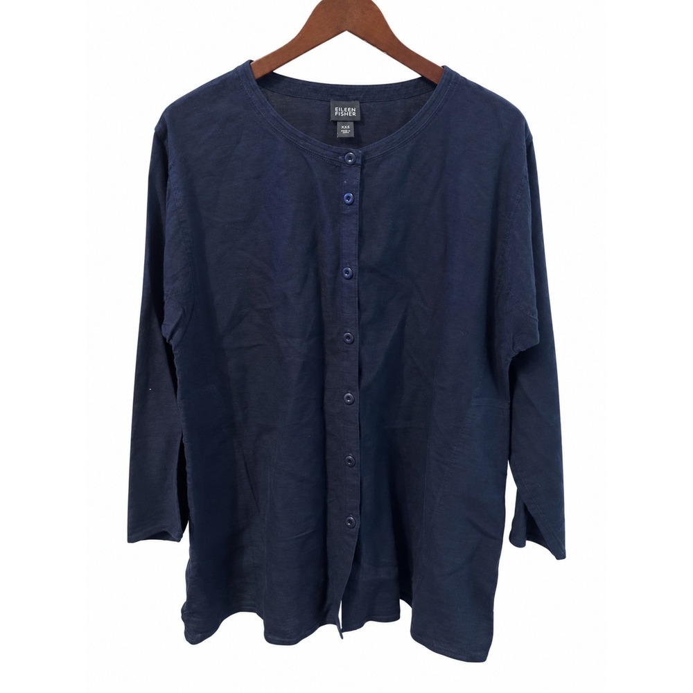 Eileen Fisher Button Down Women Large Navy Blue EUC Organic Linen Relaxed Shirt